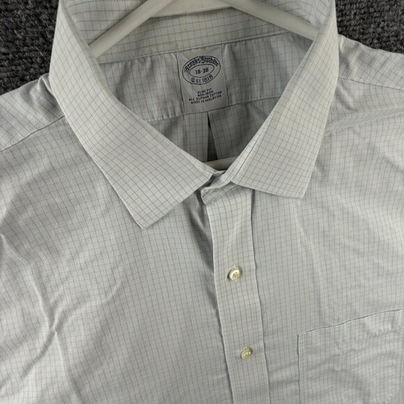 Brooks Brothers 18 38 Slim Cotton Blue Check Non-Iron Mens Long Sleeve Button Up - Picture 7 of 16